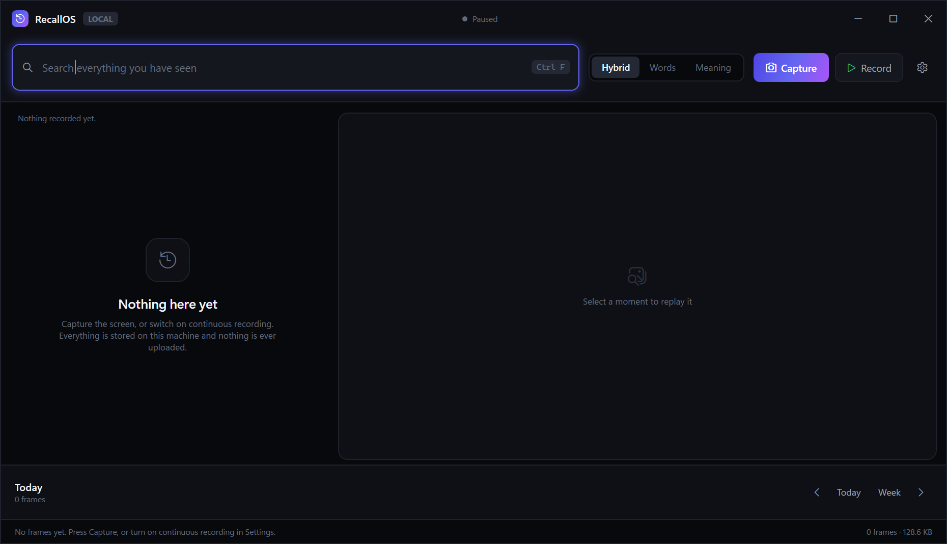 RecallOS main window showing search, results and replay