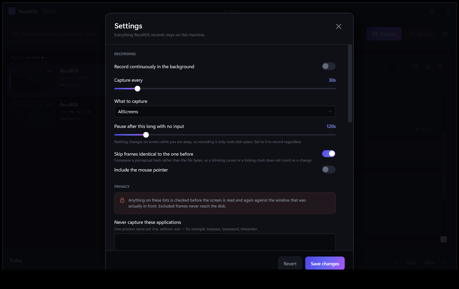 RecallOS settings panel